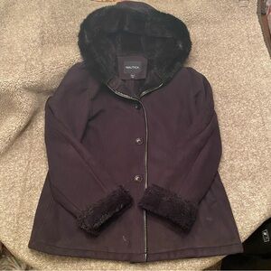 Nautica Women's Black Faux Suede Button Up Coat with Faux Fur - X- Large - GUC